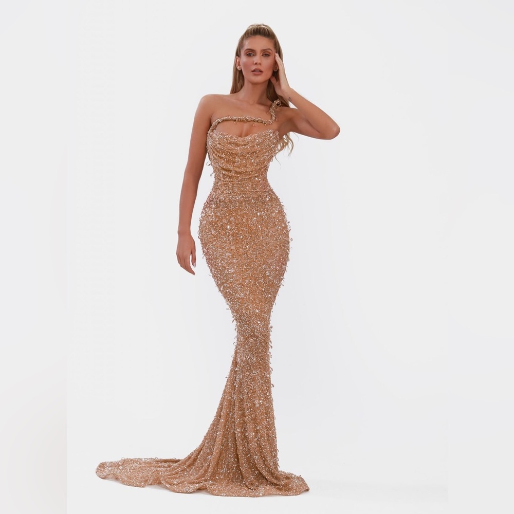 Albina Dyla Dress Glamorous Gold Sequin Evening Gown